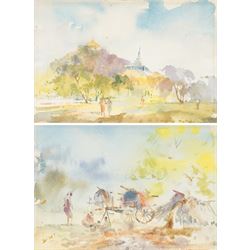 U Ba Thet (Burmese 1903-1972): View of Shwedagon Pagoda and Burmese Bullock Carts, pair of...
