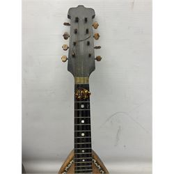 Italian bouzouki type long necked mandolin with segmented lute back and spruce top with tortoiseshell style panels; bears label 'Miroglio & Figli Sicilia Catania Italia' L99cm; and Italian lute back mandolin with segmented back and spruce top bearing label for F. De Mureda Napoli (2)