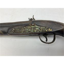 RFD ONLY - Reproduction flintlock pistol, the full walnut stock with brass filigree inlay and mounts and skull crusher butt L46cm; no visible proof marks