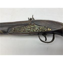REGISTERED FIREARMS DEALERS ONLY - Reproduction flintlock pistol, the full walnut stock with brass filigree inlay and mounts and skull crusher butt L46cm; no visible proof marks - Disposed 25.06.25 - Notified 24.07.25