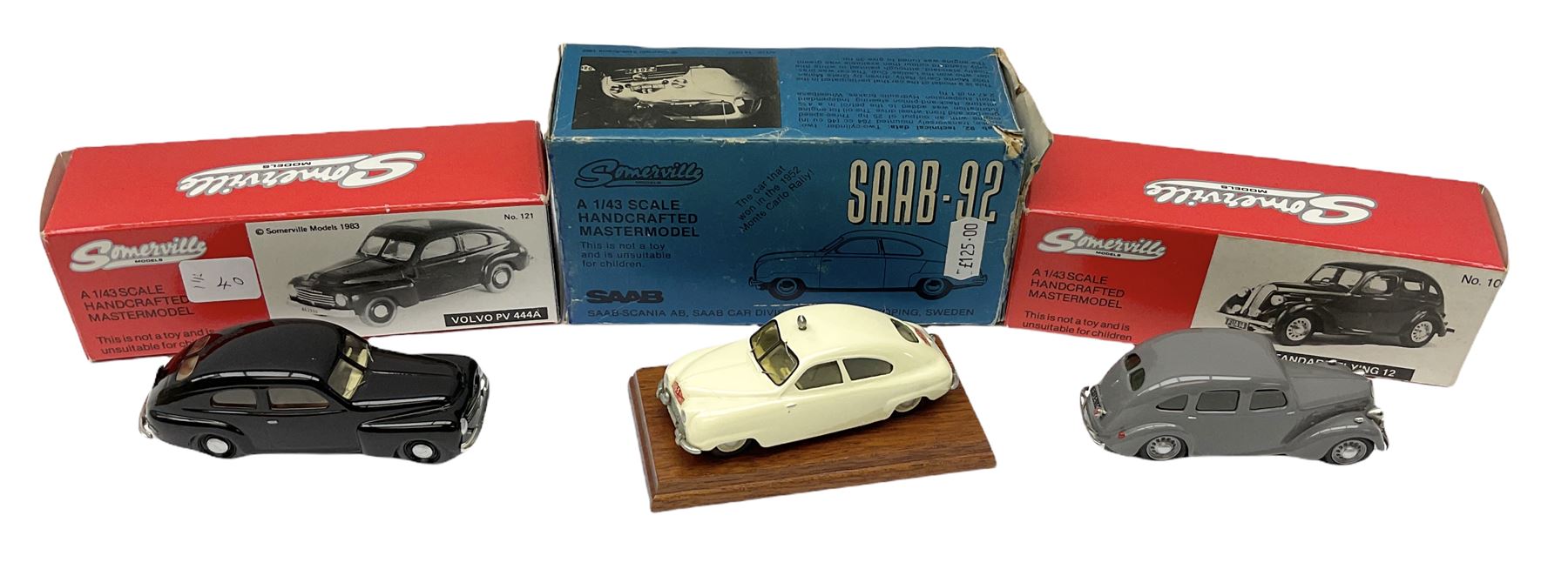 Somerville Models - three 1/43 scale Handcrafted Mastermodels comprising Saab - 92 (1950); No.121 Volvo PV 444A; and No.106 Standard Flying 12; all boxed (3)