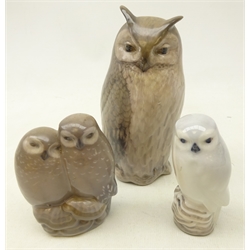 Three Royal Copenhagen Owls model no. 2999, H15cm, Loving Owls 834 and Snowy Owl 1741 (3)  