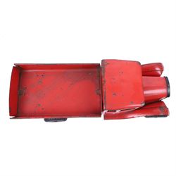 Tri-ang/Line Bros Ltd tin plate tipper truck, red body with black rubber wheels and red seat and steering wheel to interior, H49cm, L16cm