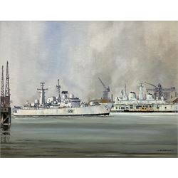 John Rohan Dominy (British 1926-): 'HMS Nottingham Leaving Portsmouth', oil on board signed, titled and dated 1987 verso 34cm x 44cm