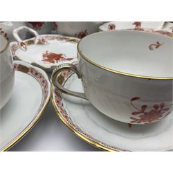 Herend Chinese Bouquet Rose pattern tea service comprising teapot, coffee pot, open sucrier, six cups and saucers, six tea plates, cream jug and stand, milk jug, two teabag holders, preserve pot, two leaf shaped dishes, four egg cups, salt & pepper pots, pair side plates and another plate