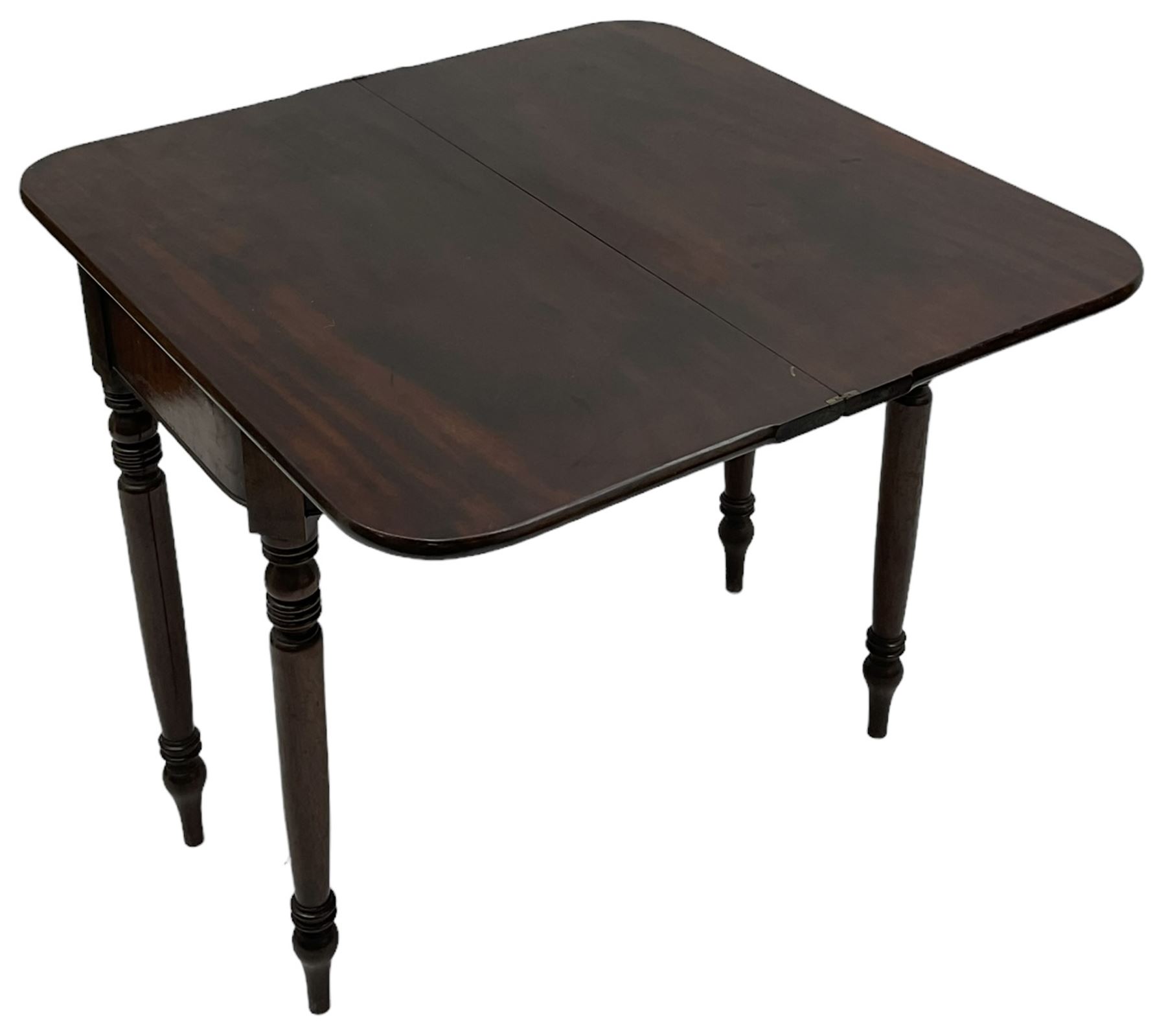 Victorian mahogany tea table, rectangular swivel fold-over top with rounded corners, on ring turned supports 