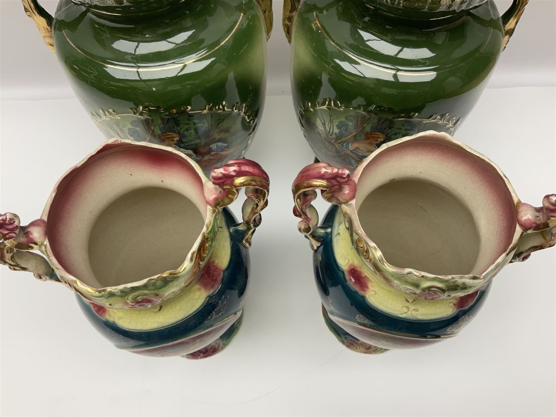 Set of four Chinese cloisonne enamel napkin rings, together with a pair of Strasburg Ware vases, a pair of similar larger continental vases and four Royal commemorative mugs
