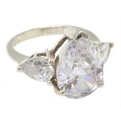 Silver pear shaped cubic zirconia three stone ring, stamped 925