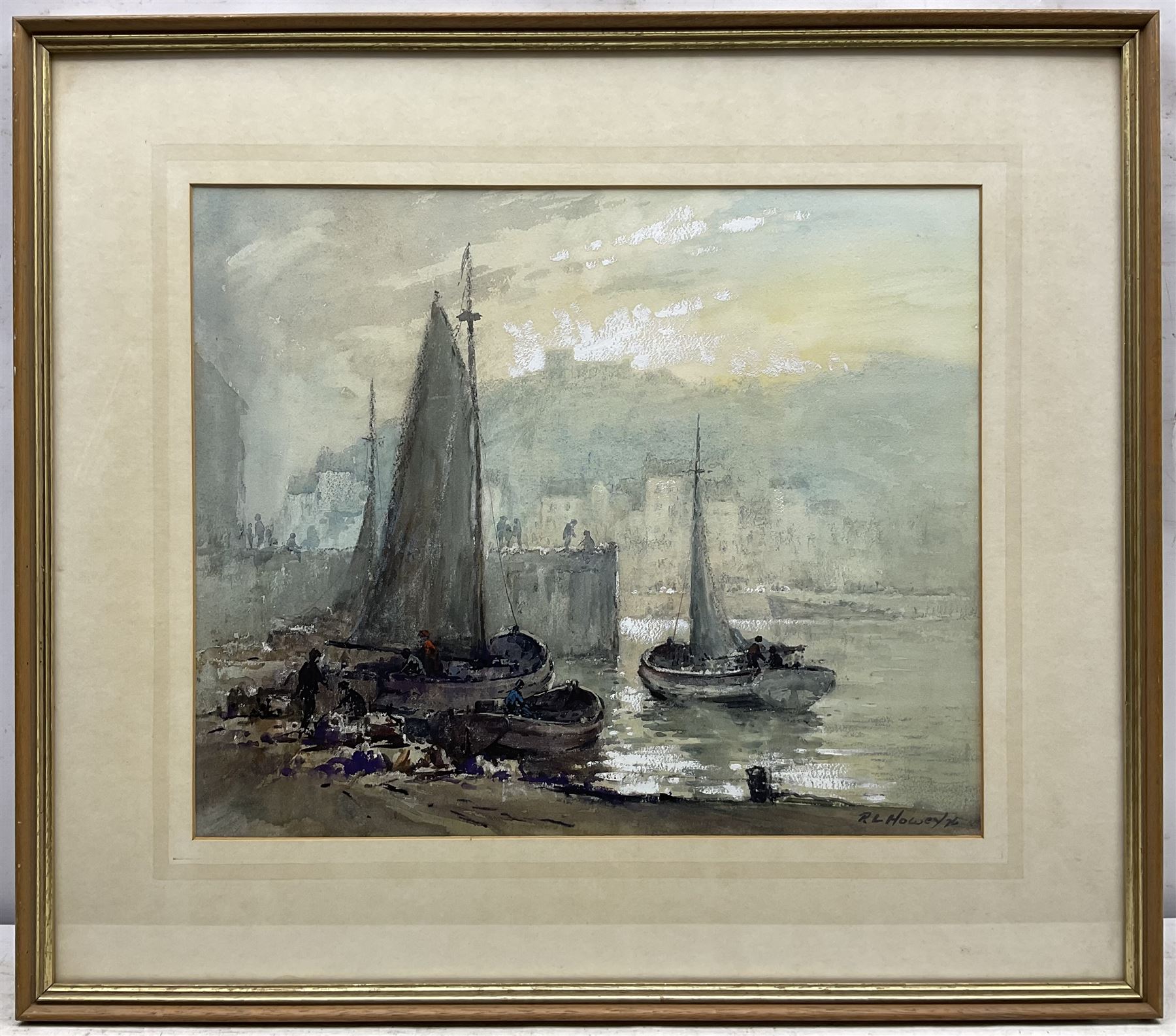 Robert Leslie Howey (British 1900-1981): Boats Unloading in the Lower Harbour 'Whitby', mixed media signed and dated '76, titled and inscribed by the artist's son John Whitmore Howey (1946-) verso 37cm x 44cm