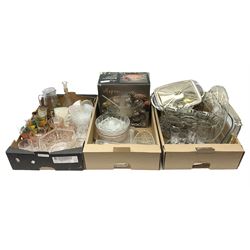 Large collection of assorted glassware, to include drinking glasses of various size and form, cruet sets, bowls, teacups and saucers, etc., in three boxes 