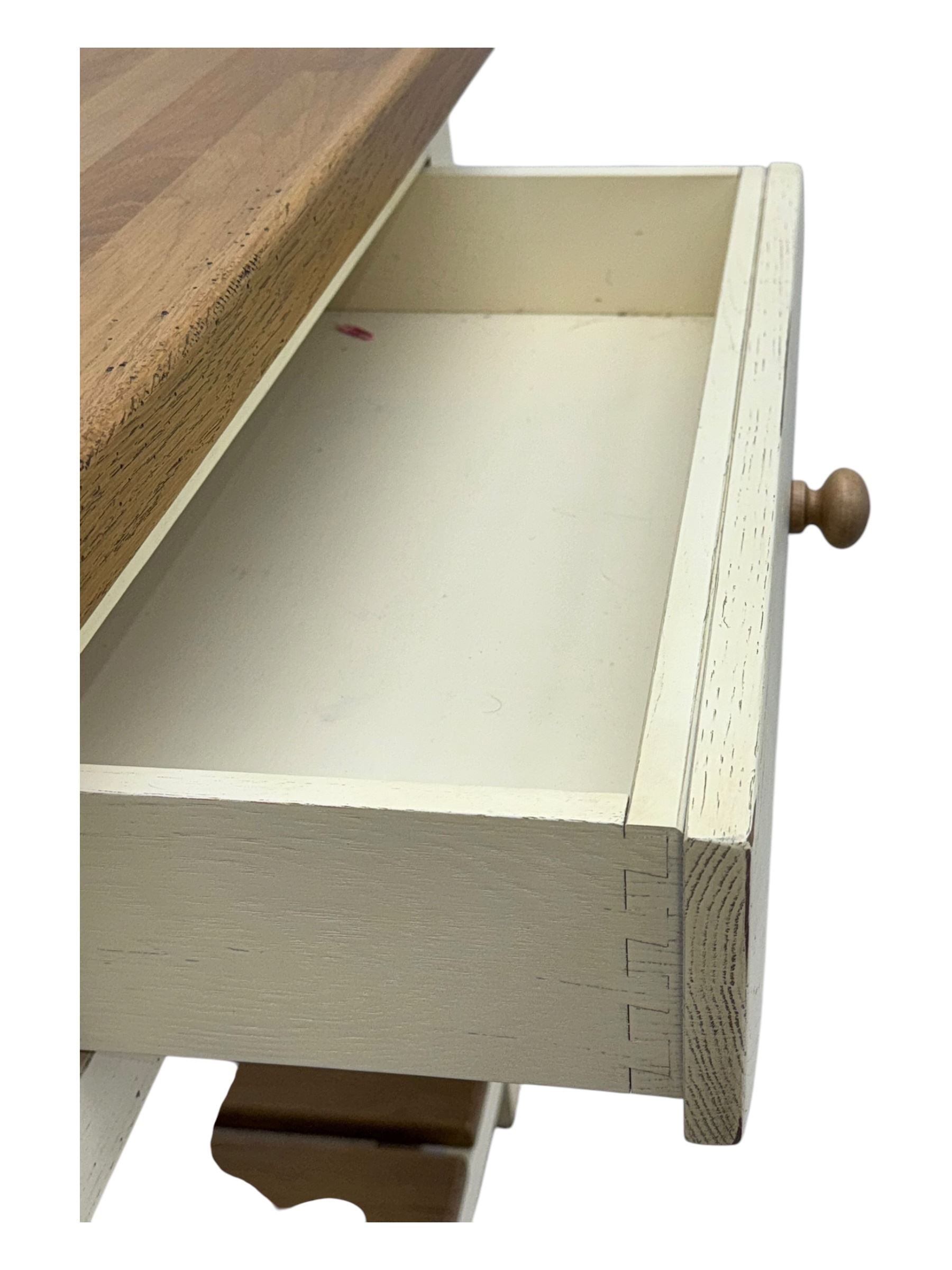 Fired Earth - contemporary Bastide style console table, oak top over cream painted frame fitted with two drawers and turned wooden handles, above a slatted oak undertier, raised on square supports