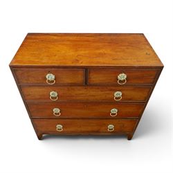 George III mahogany straight-front chest, two short over three long graduating drawers, cockbeaded edges with brass rose handles, raised on shaped supports