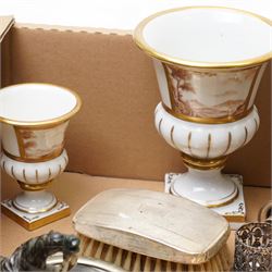 Silver backed hairbrush and comb, plated spirit kettle, other plated items, two Portuguese vases etc