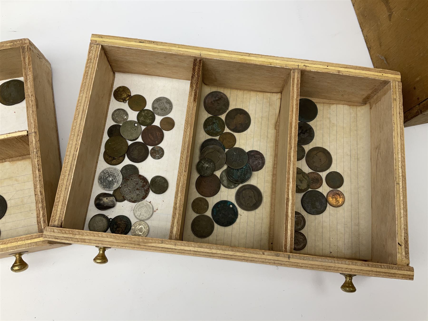Three drawer collectors cabinet with fall front containing various Great British and World coins including GB pre-decimal coins, King George III 1806 penny, cartwheel pennies etc