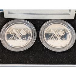 Three The Royal Mint United Kingdom silver proof coins or sets, comprising 1989 two pound coin two coin set with 'Tercentenary Of The Claim Of Rights' and 'Tercentenary Of The Bill Of Rights, 2016 'The Last Round Pound' and 2016 'The Last Round Pound' piedfort, all cased with certificates 