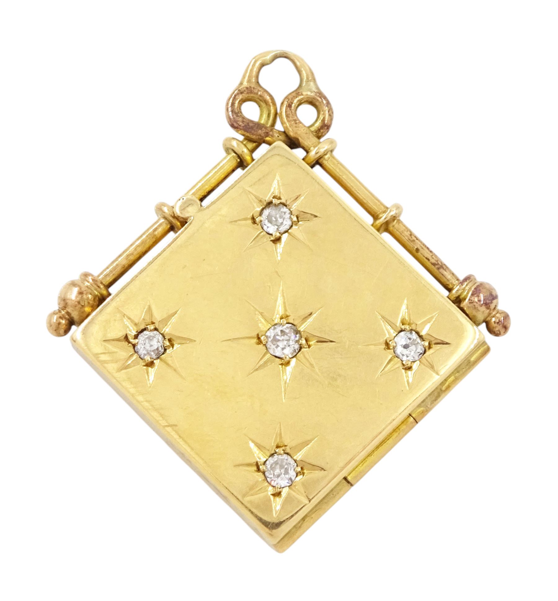 Early 20th century 18ct gold diamond square locket pendant, gypsy set with five old cut diamonds, London 1914, total diamond weight approx 0.25 carat