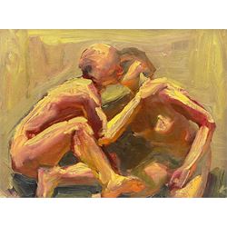 Kevin Sinnott (Welsh 1947-): The Kiss, oil on board signed with initials 20cm x 26cm