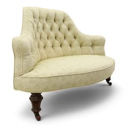 Victorian mahogany frame parlour settee, in back-buttoned ivory fabric