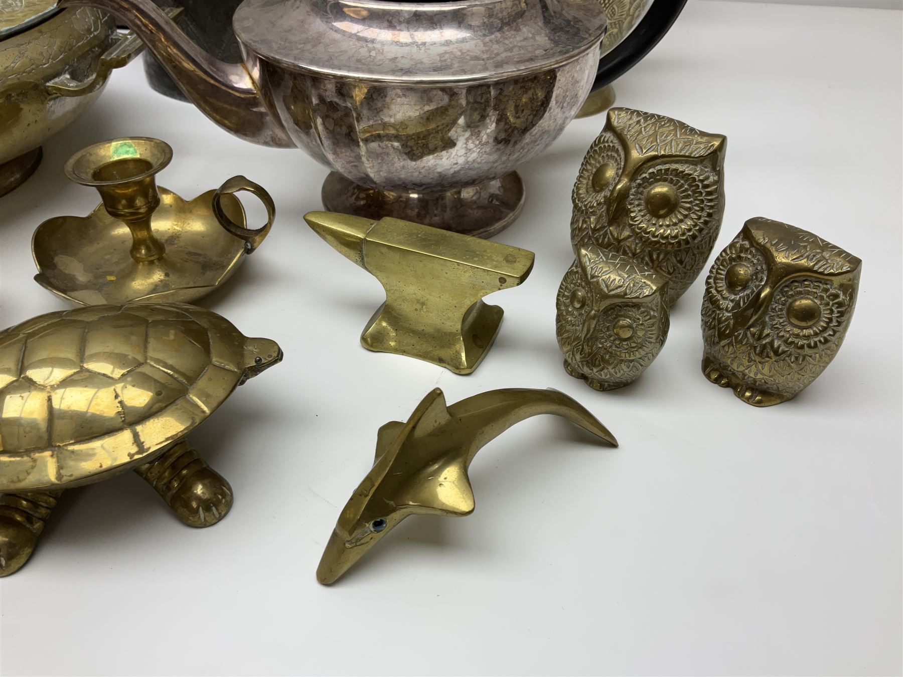 Collection of brassware, to include, kettles, jugs, owl figures etc