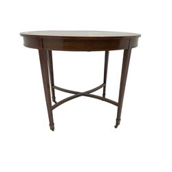 Edwardian inlaid mahogany oval card table, banded top wit satinwood stringing, frieze with foliate inlay, raised on square tapering supports united by curved X-stretcher, on castors
