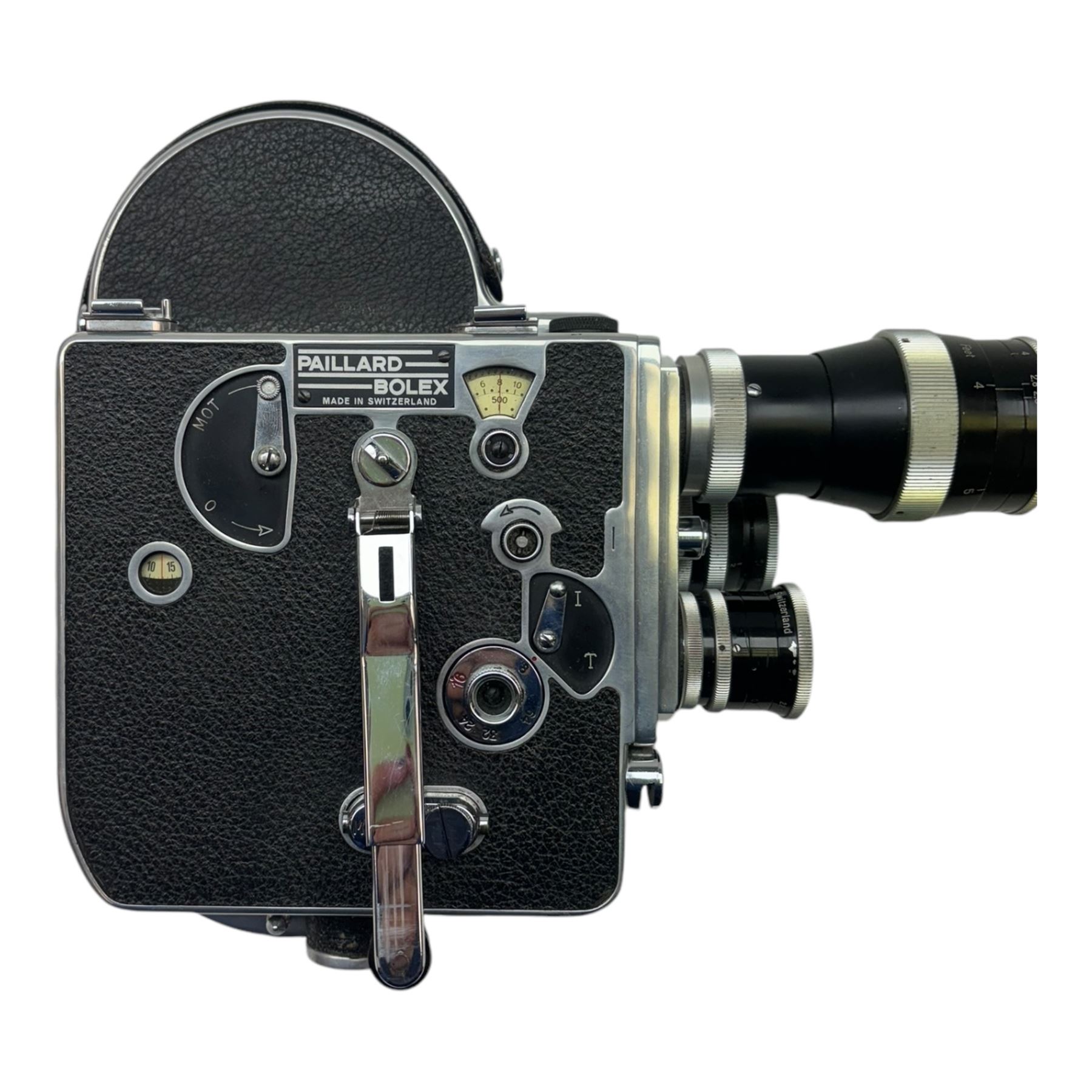 Paillard Bolex cine camera, with three lenses; YVAR 1:2.5 f=75mm AR no. 64352, Switar 1:1.4 f=25mm AR no. 77066 and YVAR 1:2.8 f=16mm AR no. 184953, in fitted case with brochure, other ephemera and accessories 