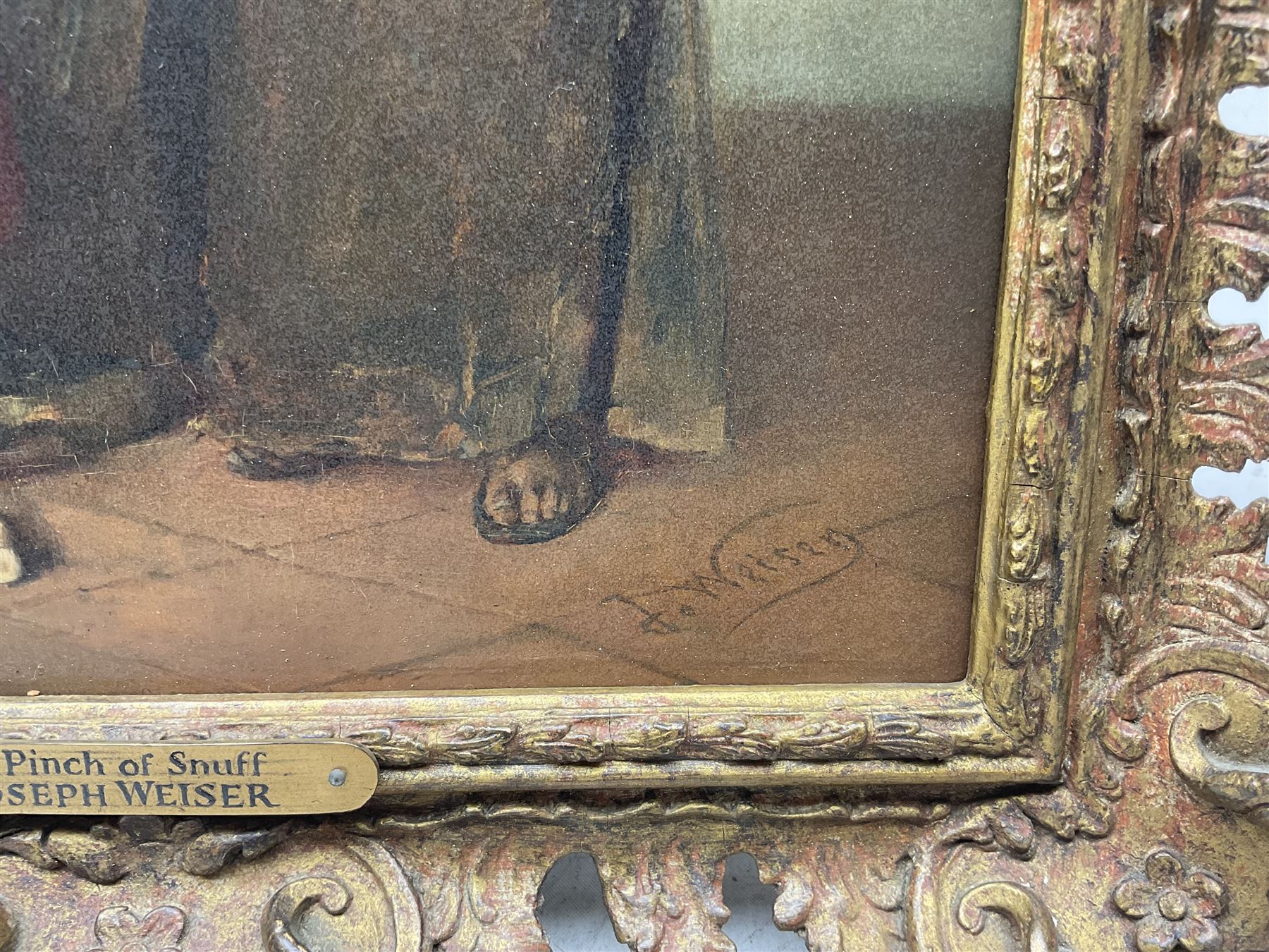 Joseph Emanuel Weiser (German 1847-1911): 'A Pretty Slipper' and 'A Pinch of Snuffe', pair oils on panel signed, titled on plaques 30cm x 23cm (2) 
Provenance: with M Newman Fine Art, London and J & W Vokins, London, labels verso