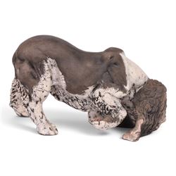 Keza Rudge (British 1966-): raku fired studio pottery sculpture of sniffing dog, H17cm