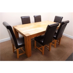  Solid oak rectangular dining table, square supports (W200cm, H80cm, D100cm) and set six high back chairs (W47cm)  