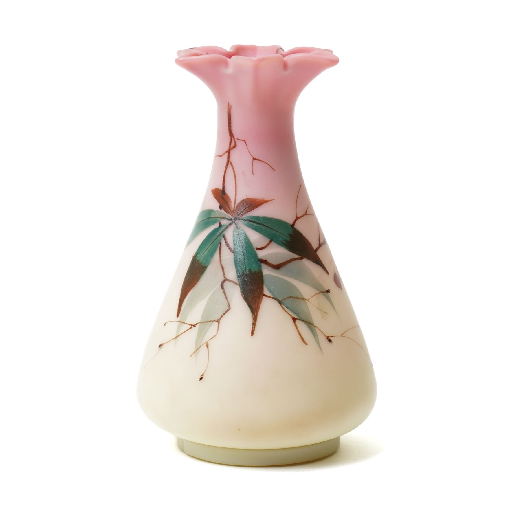 Late 19th Century Thomas Webb & Sons Queen's Burmese uranium glass vases, three with enamelled Hawthorn pattern floral design, and fluted rim, largest 11cm (6)