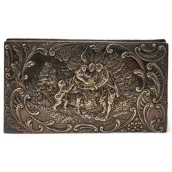 Late Victorian silver rectangular ring box embossed with classical figures, musicians, scrolls etc, and with plush lined divided interior L14.5cm Birmingham 1900 Maker Levi & Salaman
