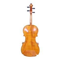 Late 20th century German full size viola, labelled to interior 'Walter Muller Bad Brambach 1976 made in GDR' with two-piece back, ebonised finger board, tuning pegs and tail piece, with a carved scroll and two bows, in hard fitted case, back length 16 inches