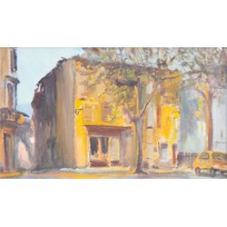 Catherine Tyler (British 1949-): 'Place La Republic - Quillan - Pays de Laude' oil on board signed and dated '91, inscribed on artist's label verso 27cm x 45cm