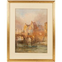 Thomas Swift Hutton (British 1860-1935): 'Tin Ghaut - Whitby', George Percy Bankart (British 1866-1929): ‘River Esk at Whitby’, Edith F Hillier (British 19th/20th Century): ‘The Market Place – Whitby'; together with other Whitby related watercolours variously signed and titled max 36.5cm x 26.5cm (6)