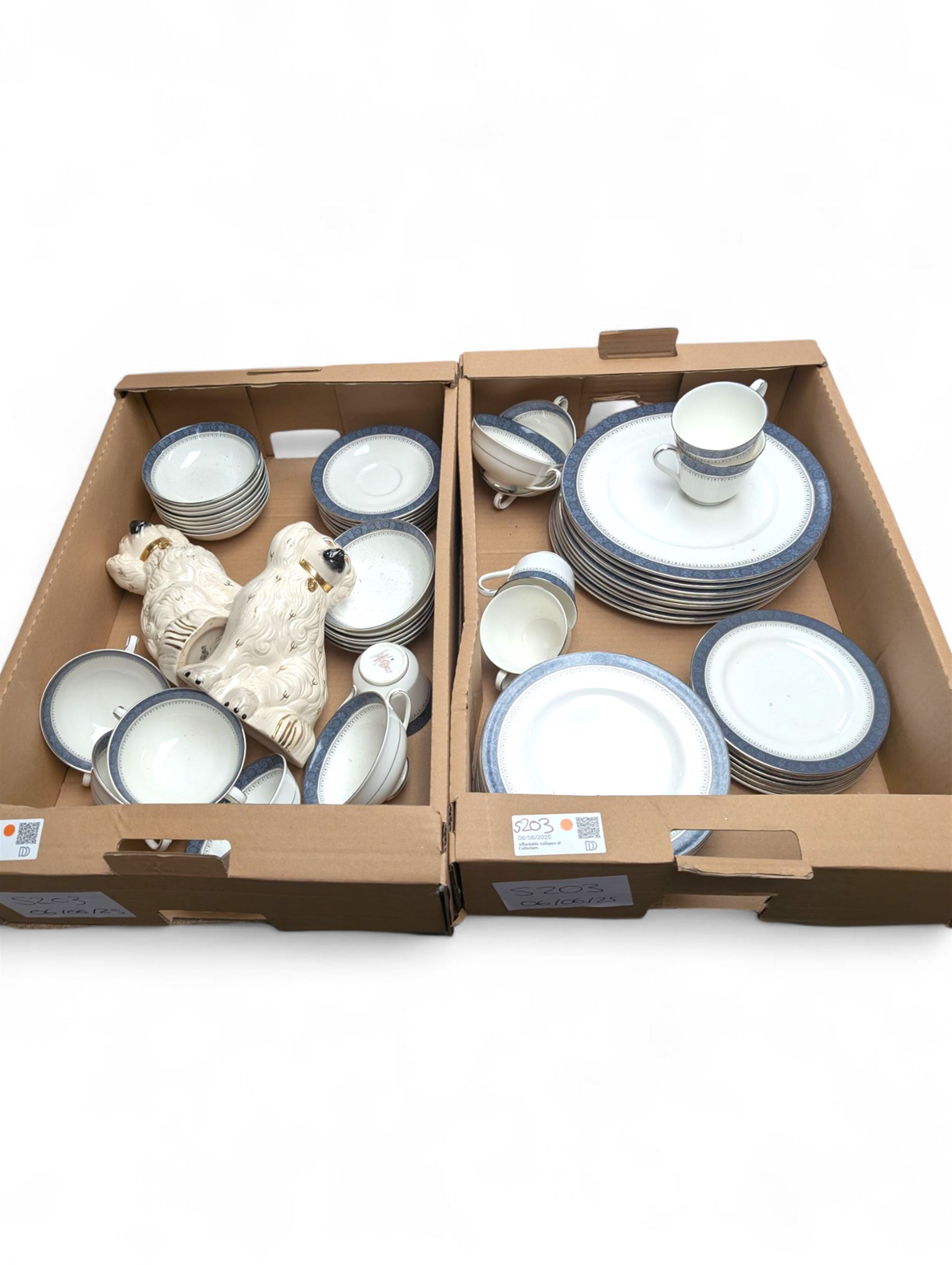 Pair of Staffordshire style dogs and Royal Doulton Sherbrooke part tea and dinner service, in two boxes