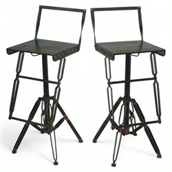 Pair of 20th century brutalist industrial metal swivel bar stools, sheet seats with strap ...