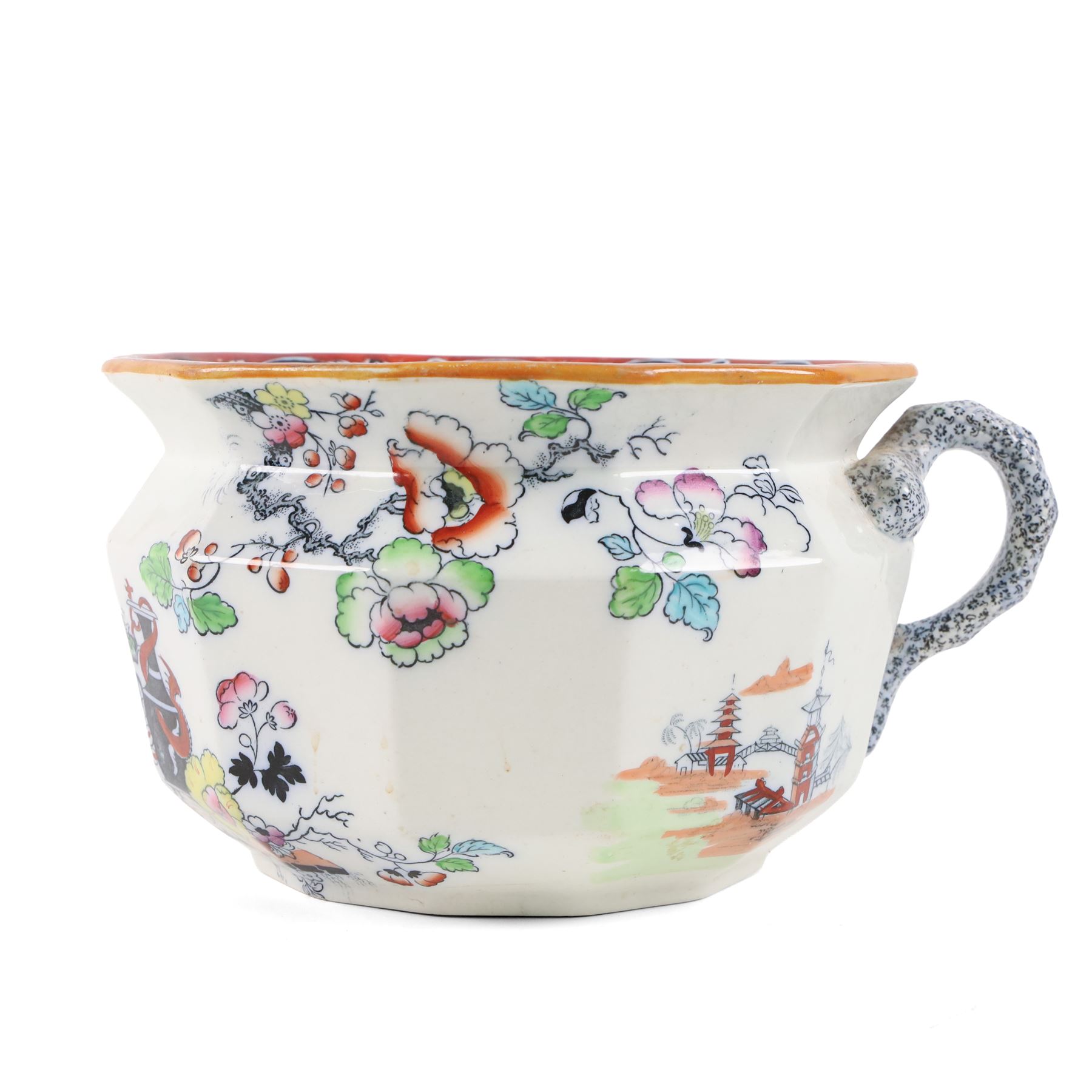 Collection of 19th century Masons ironstone ceramics, comprising cider mug, incense burner, jug and chamber pot  