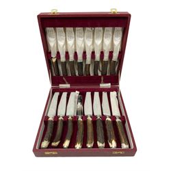 Cased set of stag horn antler knives and forks by Cooper Bros & Sons