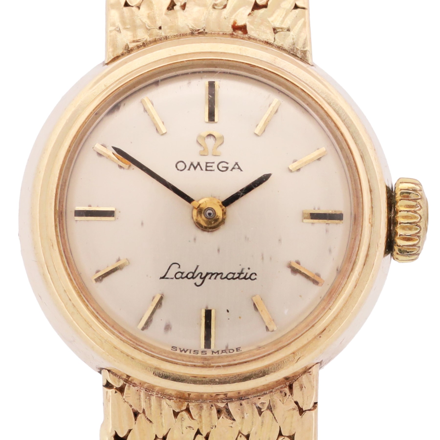 Omega Ladymatic 9ct gold automatic wristwatch, Cal. 661, silvered dial with baton hour markers, on integral 9ct gold bracelet, Birmingham 1968