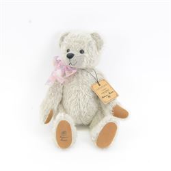 Three limited edition Robin Rive teddy bears to include 'Peace' a yellow mohair bear holding a yellow rose limited edition no.4/200, 'Tuddles' a musical grey mohair bear limited edition no.9/100 and 'Sally & Her Bear' a blonde mohair bear with crocheted teddy bear limited edition no.143/300, all with certificate tags, tallest H41cm 