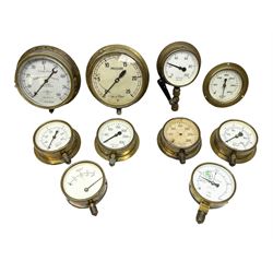 Ship's brass cased pressure gauge by Schaffer & Budenberg Ltd No.1672269 D17.5cm; and nine other ship's brass cased pressure gauges to measure various pressures, one with release valve (10)