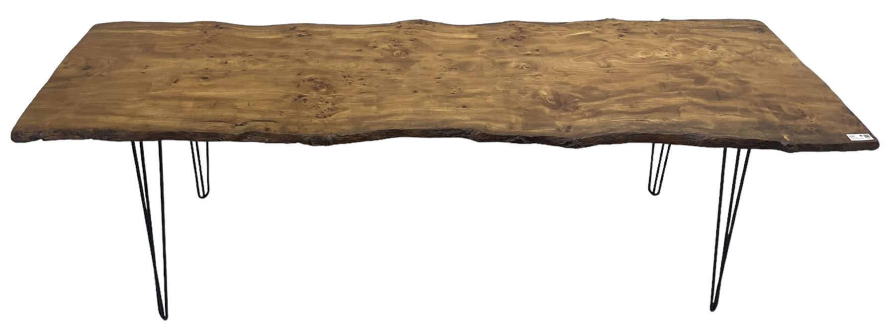 Rustic elm slab dining table, raw edge rectangular plank top, on black finish out-splayed supports 