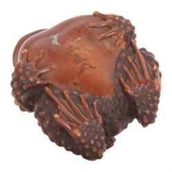 Japanese Edo Meiji period carved wooden netsuke, naturalistically modelled in the form of a seated toad with young upon its back, each with textured skin and black horn inlaid eyes, signed beneath for Masanao, Yamada, Ise Province, H4cm L6cm