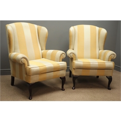  Pair wingback armchairs upholstered in stripe cover, cabriole legs  