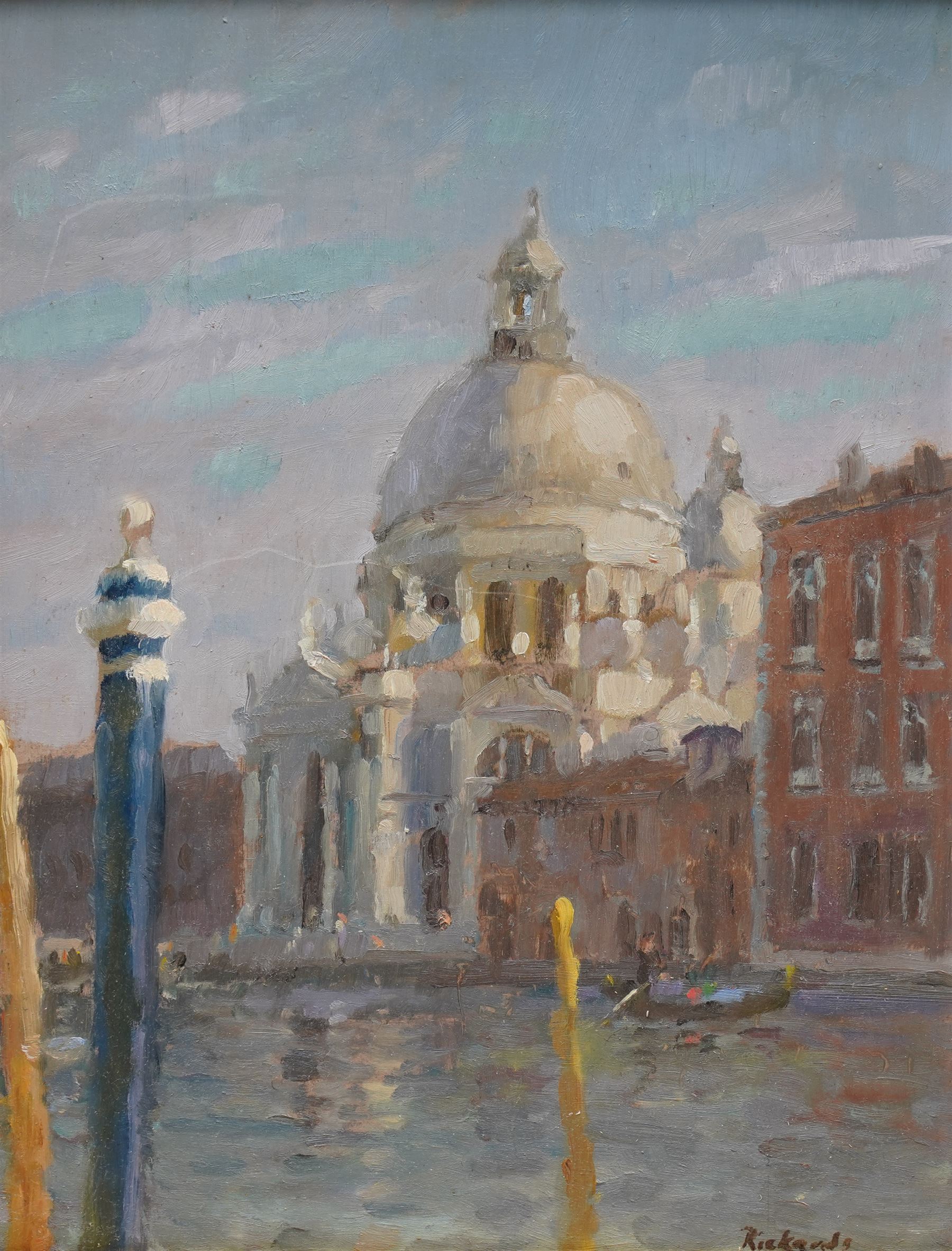 Anthony J Rickards (British 1919-1993): 'Basilica Santa Maria della Salute - Venice', oil on board signed, titled on artist's address label verso 24cm x 19cm