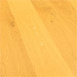 Contemporary solid oak dining table, and set of eight chairs, rectangular plank top with chamfered edges, raised on square supports