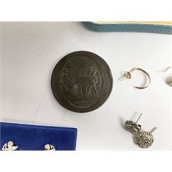 Two gold signet rings and a sapphire, opal and diamond ring, single stone diamond ring, pair of gold stone set earrings and other gold earrings, all 9ct stamped or hallmarked, silver earrings and other costume jewellery