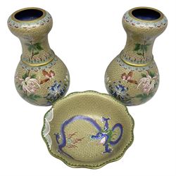 Pair of Chinese cloisonne baluster vases, decorated with decorated with butterflies, flowers, together with a cloisonné bowl decorated with five clawed dragons and the flaming pearls 