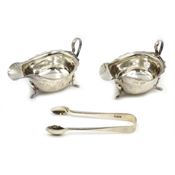Pair of silver sauce boats and a heavy pair of tongs all hallmarked approx 8.5oz