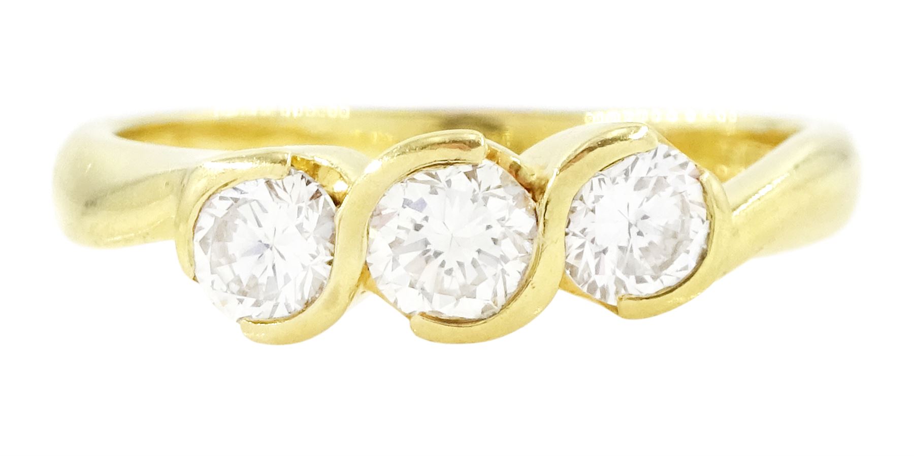 18ct gold diamond three stone ring, half bezel set with round brilliant cut diamonds, London 2002, total diamond weight approx 0.75 carat