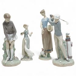 Four Lladro figures, including two golfers and two girls feeding geese and chickens, talle...